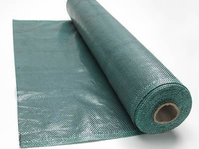 This is a roll of woven silt fence fabric with black and aqua plaid.
