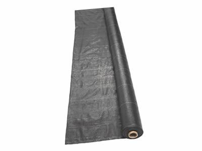 There is a roll of black silt fence fabric with green stripes.