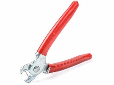 This is a pair of hog ring pliers with red handles.