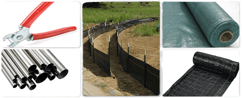 Silt fences and related accessories surrounding a picture which shows silt fences with metal posts being set on the slope.
