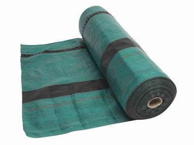 This is a roll of teal silt fence fabric with black stripes.